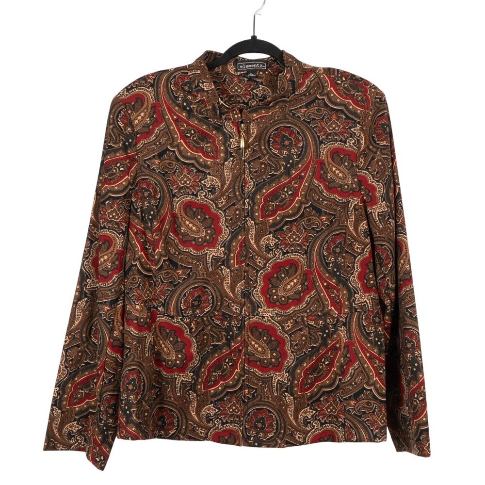 Paisley Jacket XL Womens Brown Red Green Napped Full Zip Classic Shoulder Pad
